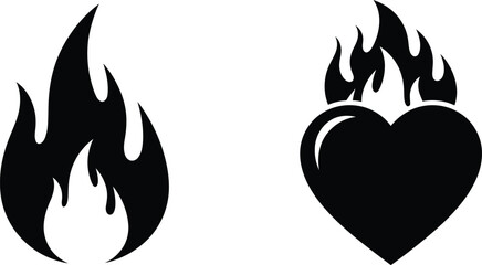 Burning heart and flames graphic design element on transparent background silhouette