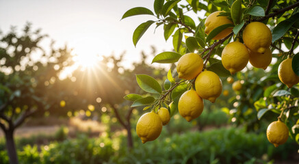fresh lemons on tree with sunlit background