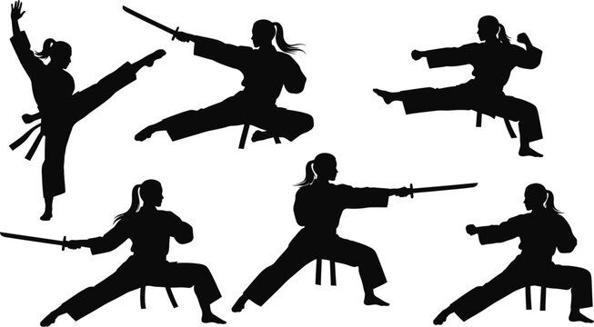 Martial arts poses with swords and dynamic movement a black silhouette on transparent background