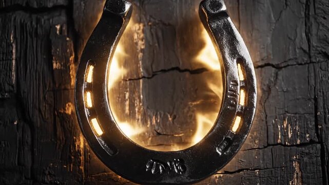 A gleaming horseshoe is highlighted with an ethereal glow against a backdrop of charred wood