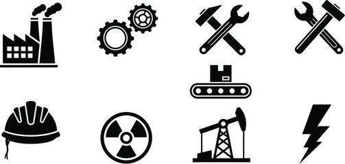 Industrial icons set featuring factory tools and energy sources on transparent background silhouette
