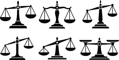 Black scale illustrations in varied designs ideal for justice themes on transparent background silhouette