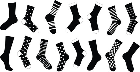 Collection of patterned socks in various designs on transparent background silhouette