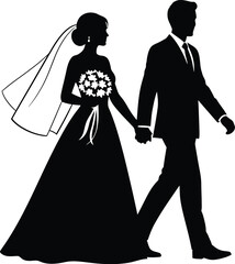 Elegant wedding couple walking hand in hand black silhouette on transparent background