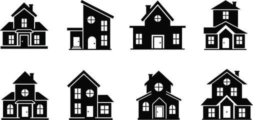 Collection of various house silhouettes on transparent background