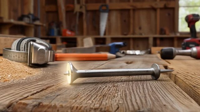 Workshop scene with illuminated nail, measuring tape, drill, saw, and tools on wooden workbench