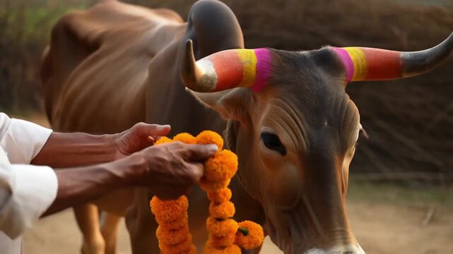 Close-up of a farmer's hands garlanding a bullock with marigolds and turmeric on mattu pongal day in a rural farmyard, honoring cattle for their labor concept of gratitude to animals and agrarian life