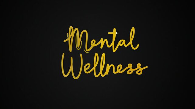 Mental Wellness One line continuous animated typography intro outro animation video, hand drawn calligraphy lettering monoline vintage text on background, hand drawing gold golden type on black backdr