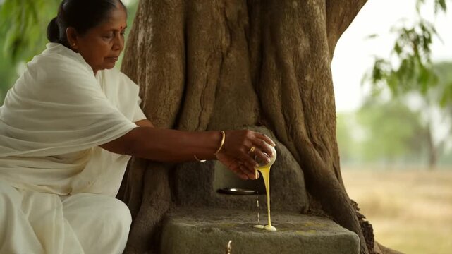Elderly woman in a white saree pours a milk and turmeric offering at the base of a sacred tree in a tranquil morning ritual during pongal concept of spiritual devotion and connection to nature