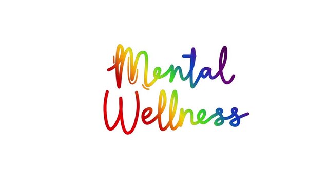 Mental Wellness One line continuous animated typography intro outro animation video, hand drawn calligraphy lettering monoline vintage text on background, hand drawing rainbow type on white backdrop b