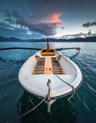 Wooden rowboat at dusk, under a dramatic, colorful, sunset