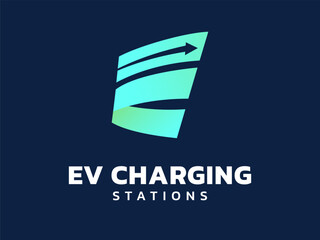 Electric vehicle charging with Letter E curved growth arrow in shapes logo vector design concept. Letter E logotype symbol for Electric Car, EV station, ui, clean energy, infographic, new technology.