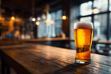Glass of Cold Beer with Foam on Wooden Table in Cozy Bar Interior