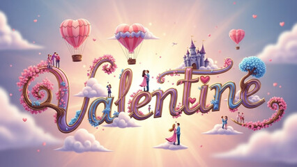 Valentines Day word art with hot air balloons and romantic couples whimsical illustration for greeting cards and celebrations set against a dreamy sky