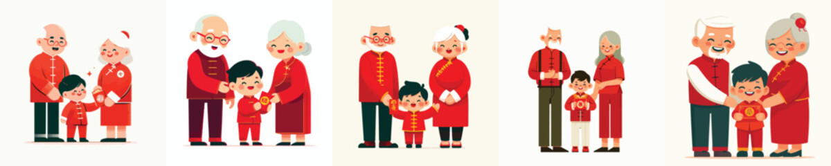 vector of grandparent giving red envelopes to Chinese New Year grandchild