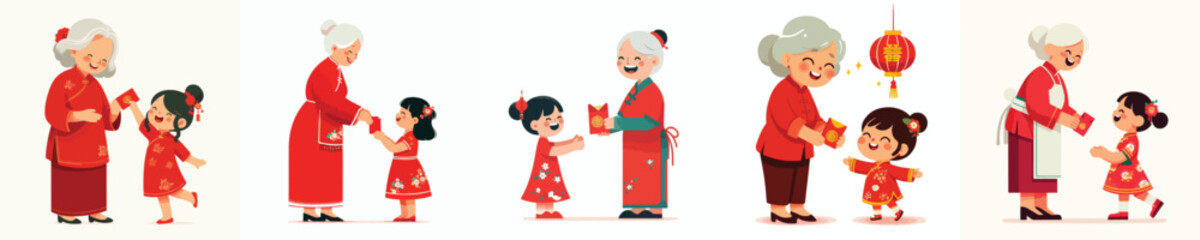 vector of grandmother giving red envelopes to Chinese New Year grandchild