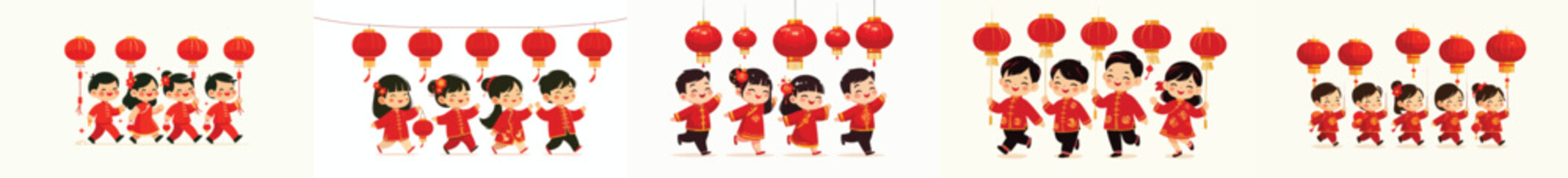 vector of children walking with lanterns at Chinese New Year celebrations