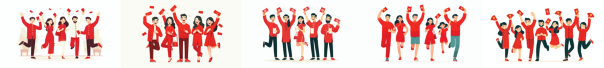 vector of happy friends celebrating Chinese New Year while holding red envelopes