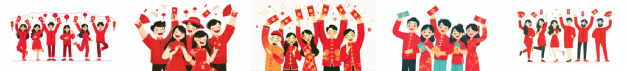 vector of happy friends celebrating Chinese New Year while holding red envelopes