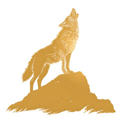 Golden wolf howling on a rock symbolizing freedom strength and wilderness isolated on a white or transparent background