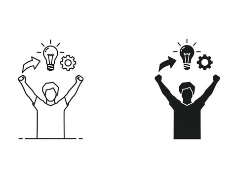 Man celebrating with light bulb and gear icon above head