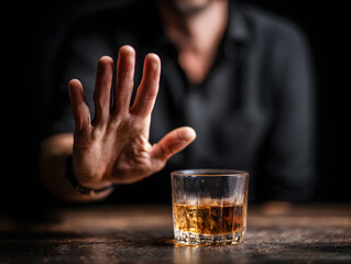 Man Refusing Alcohol with Raised Hand and Whiskey Glass on Dark Table