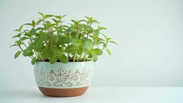 Mint seedling in a pot isolated on white background. 