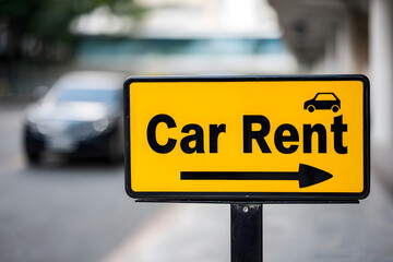 Car Rental Sign with Direction Arrow on City Street Background