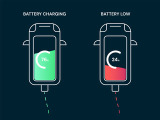 Electric vehicle Battery Charging interface with car top view icon symbols Show Battery Percentage status Charging, Low vector design concept. Electric car charging for EV station, ui, application.