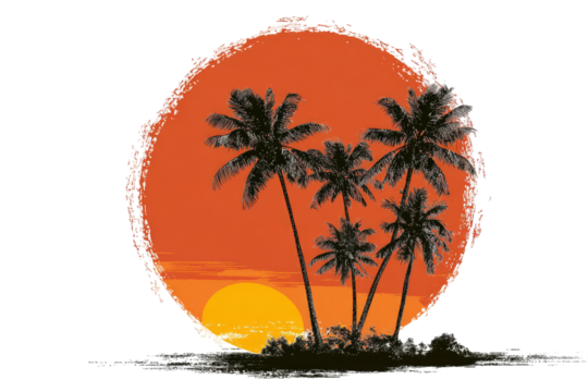 Tropical palms silhouetted against a vibrant sunset scene - Powered by Adobe