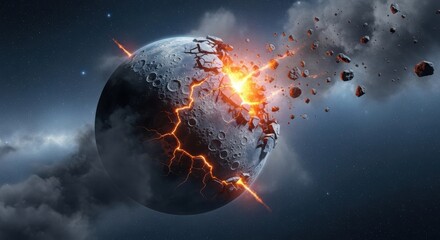 Planet breaking apart in space with fiery explosion cosmic disaster