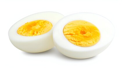 Two halves of a hard-boiled egg, showing the yolk and white