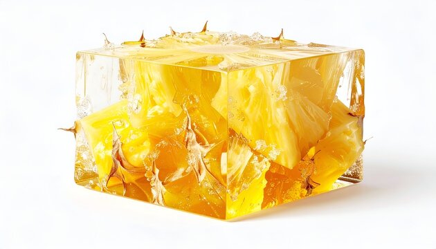 Pineapple chunks frozen in a clear cube with sharp edges - Powered by Adobe