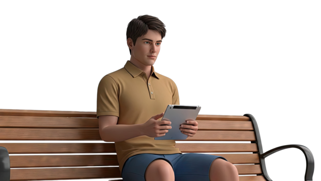 Man Sitting on Park Bench Using Tablet - Powered by Adobe