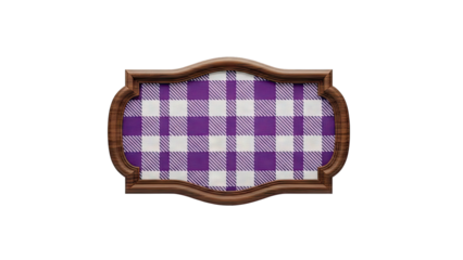 Ornate wooden frame with purple and white gingham fabric