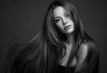 Black and White Beauty Portrait of Young Woman with Long Flowing Hair