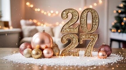 a festive and shimmering new year display featuring golden 2027 numerals surrounded by elegant ornaments and soft lighting high quality professional