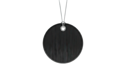 Round black textured disc with metal loop and cord
