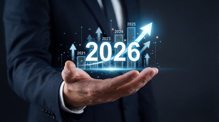 Businessman hand holding virtual interface with 2026 financial growth graph and arrows
