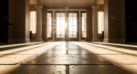 Sunlight streams through grand double doors creating dramatic floor shadows
