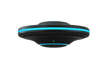 Sleek, dark UFO with bright blue accents on black background