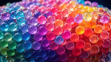 A vibrant close up view of numerous colorful gel beads displaying a spectrum of hues creating a captivating and textural composition