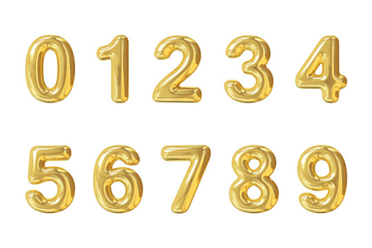 Numbers 123 gold balloon isolated on white background. Glossy 3D numeral for birthday, anniversary, celebration, luxury events, festive party decorations, and modern design concepts