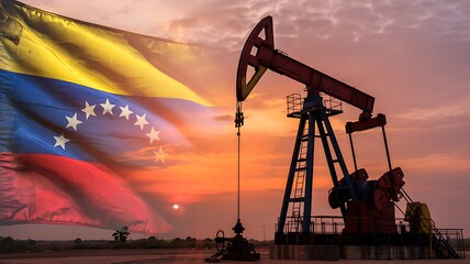 a vibrant venezuelan flag waves prominently in front of a towering oil pump against a stunning sunset backdrop symbolizing national resources