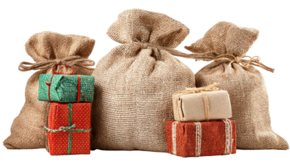 Burlap bags, stacks of colorful wrapped gift boxes