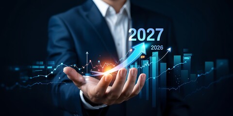 A professional in a suit interacts with a glowing digital graph showing upward trends visualizing future growth and investment opportunities