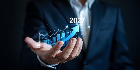 A business professional presents a futuristic financial projection for the year 2027 showcasing growth and data analytics high quality detailed modern