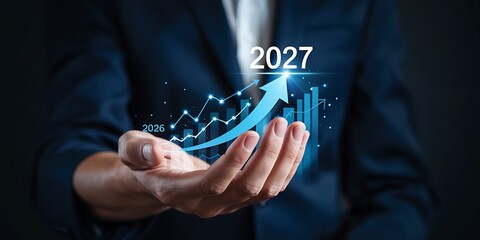 A businessman projects a glowing upward financial graph with the year 2027 highlighted symbolizing growth and future investment opportunities high quality