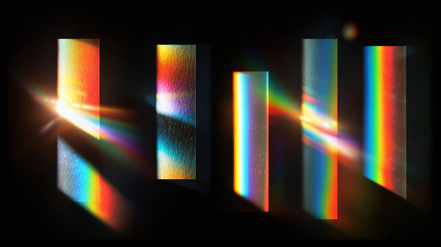 A stunning display of light refracting through prisms, creating a vibrant spectrum of colors, including rainbows. The scene shows different colorful refraction angles