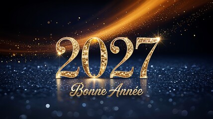 A shimmering golden depiction of the year 2027 is prominently displayed with a sparkling effect accompanied by the french phrase bonne ann e